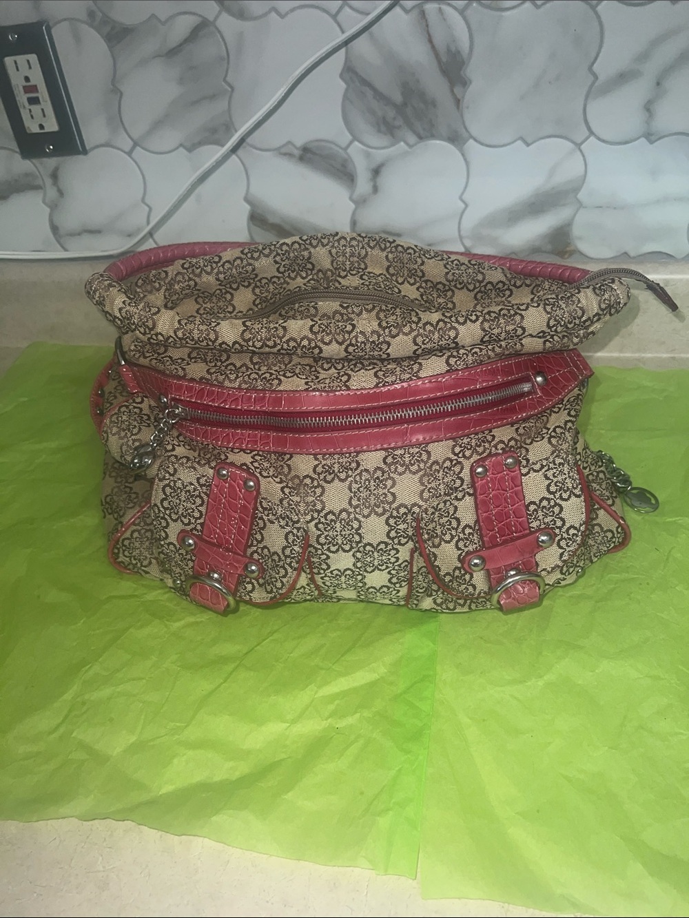 Beige /Red Kathy Van Zeeland Patterned Shoulder Bag with Red Trim